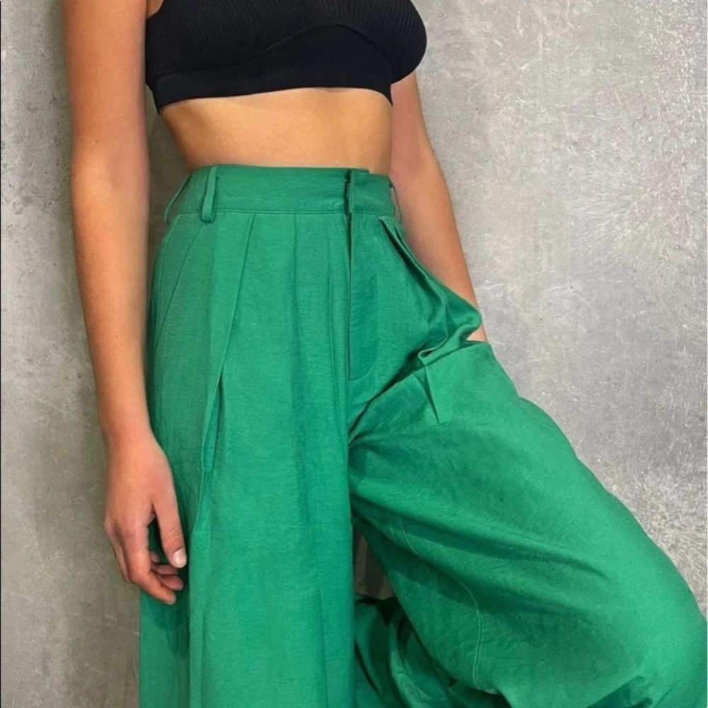 Revolve SNDYS Hills Tailored Green Wide Leg High Waist Pleat Trouser Pant Sz 4 - Picture 5 of 15